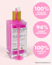 A pink Unicorn Fruit After Shave Serum bottle by Truly Beauty with a gold pump sits on a pink surface as serum drips down. Three pink circles highlight ingrown hair treatment benefits and survey results in white text.