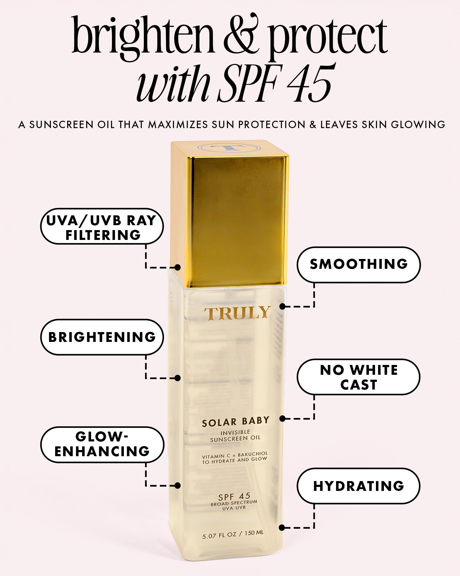 Sunscreen oil packaging with features listed on a white background