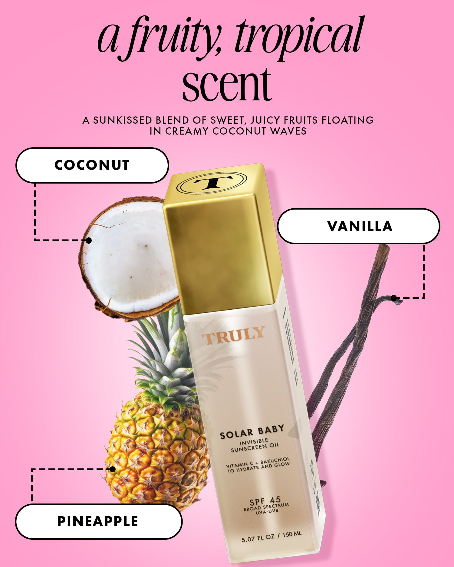 Suntan lotion packaging with coconut, vanilla, and pineapple elements on a pink background