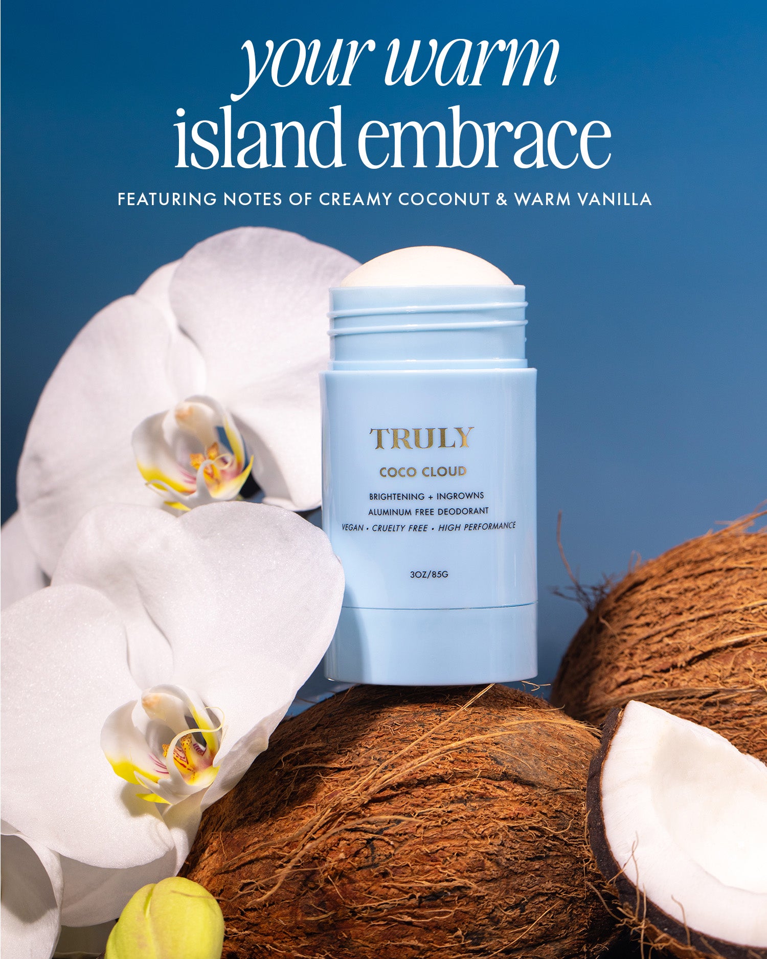 A Truly Beauty Coco Cloud Ingrown Prevention and Brightening Deodorant stick in light blue is shown with cracked coconuts and white orchids, with text noting its creamy coconut and warm vanilla scent.