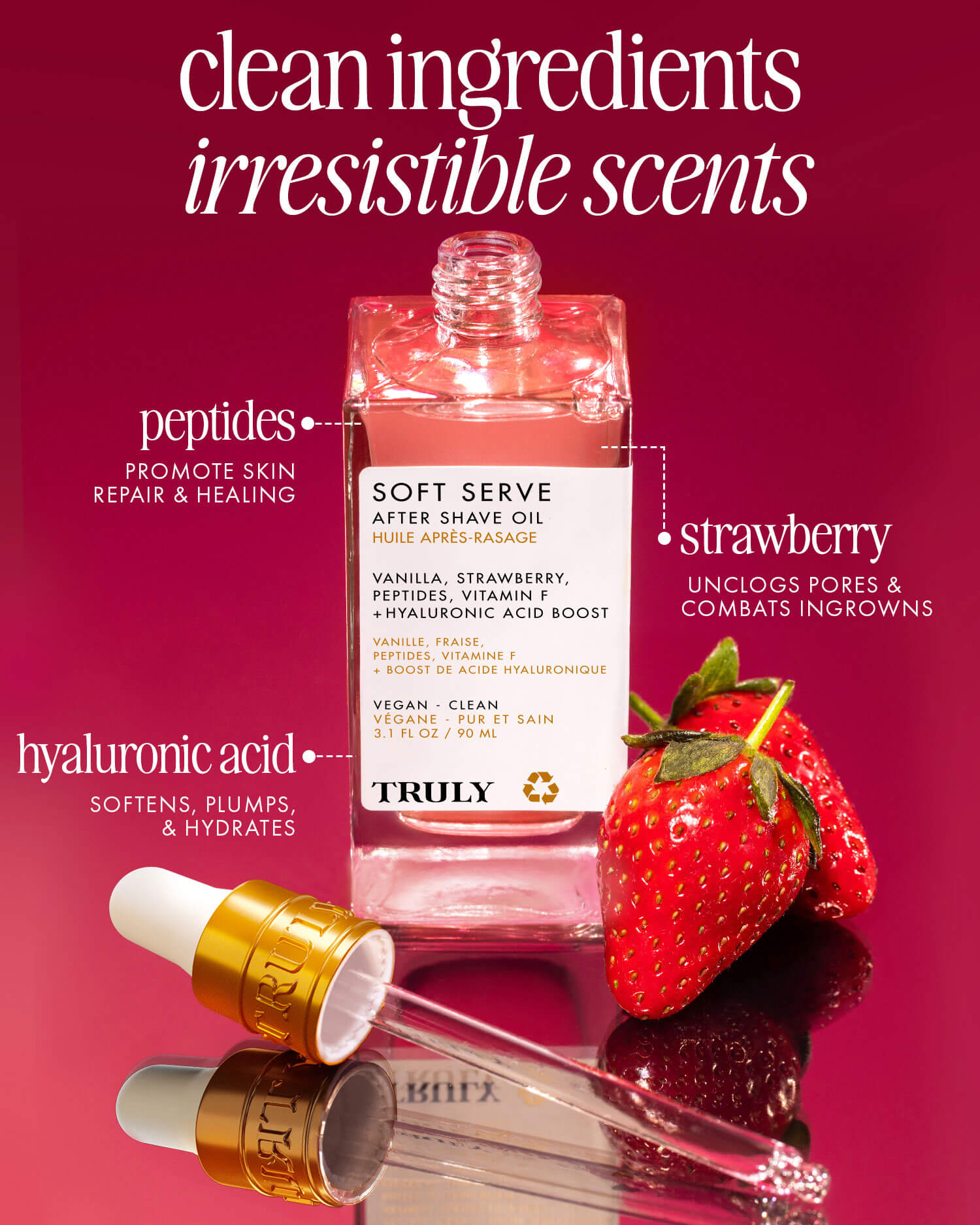 A bottle of Truly Beauty Soft Serve After Shave Oil with strawberries beside it. Text highlights clean ingredients, irresistible scents, and key components like peptides, strawberry, and hyaluronic acid for smooth, hydrated skin.