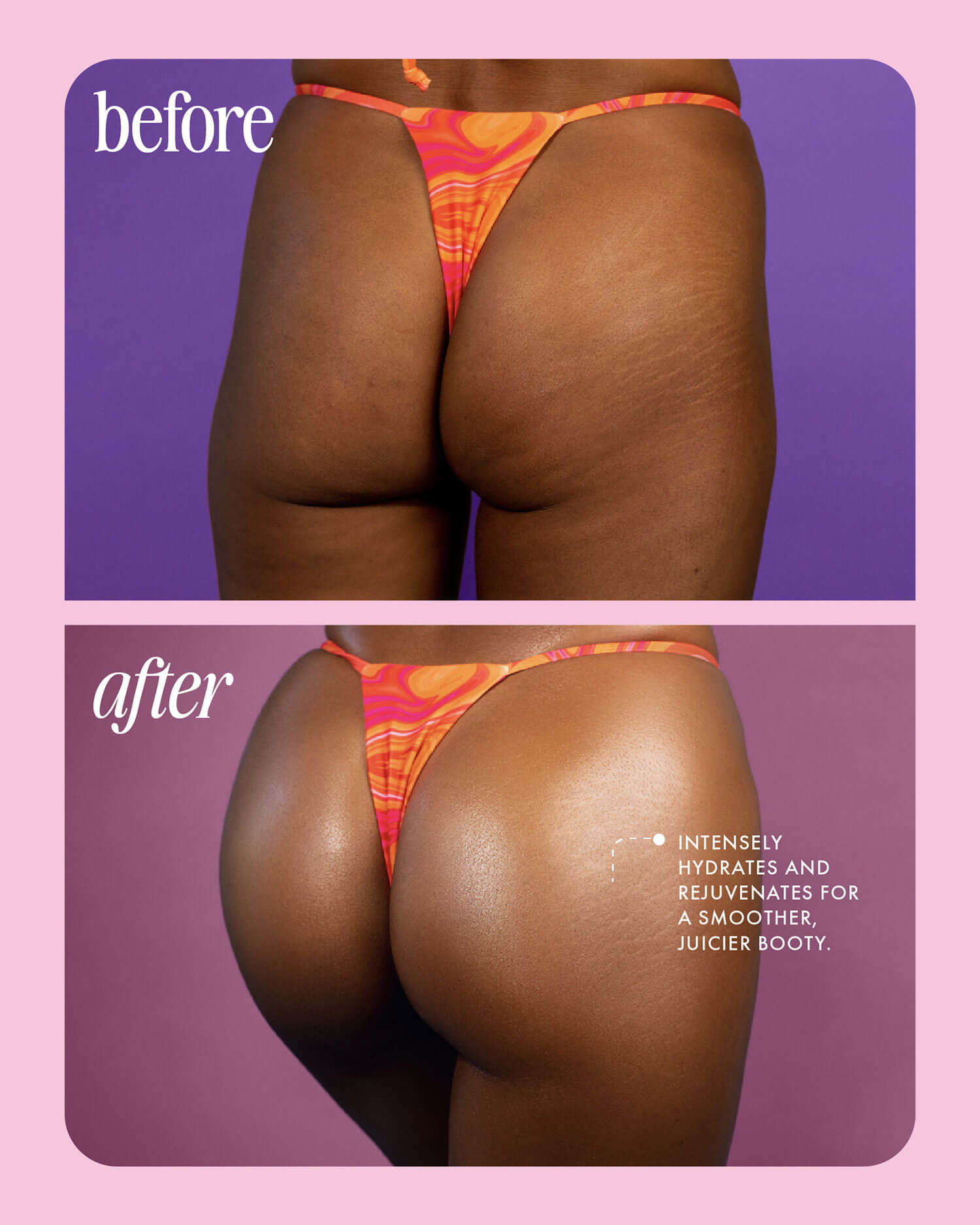 A “before” and “after” of a person’s lower back and buttocks in an orange-pink swimsuit shows smoother, more hydrated skin after using Truly Beauty’s Buns of Glowry Tighten & Glow Smoothing Butt Butter with watermelon extract.