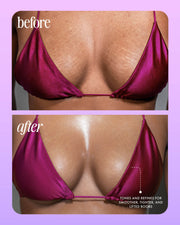 Close-up of a person’s chest in a magenta bikini top, shown in before (top) and after (bottom) images. After using Truly Beauty’s Acai Your Boobies Firming Body Serum, skin appears smoother, tighter, and lifted, as highlighted in the annotation.
