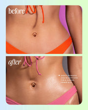 A split image shows a womans midsection before and after using Truly Beautys Unicorn Fruit Whipped Body Butter. The before shows dry skin; the after reveals smoother, glossier results from hydrating, firming natural ingredients.