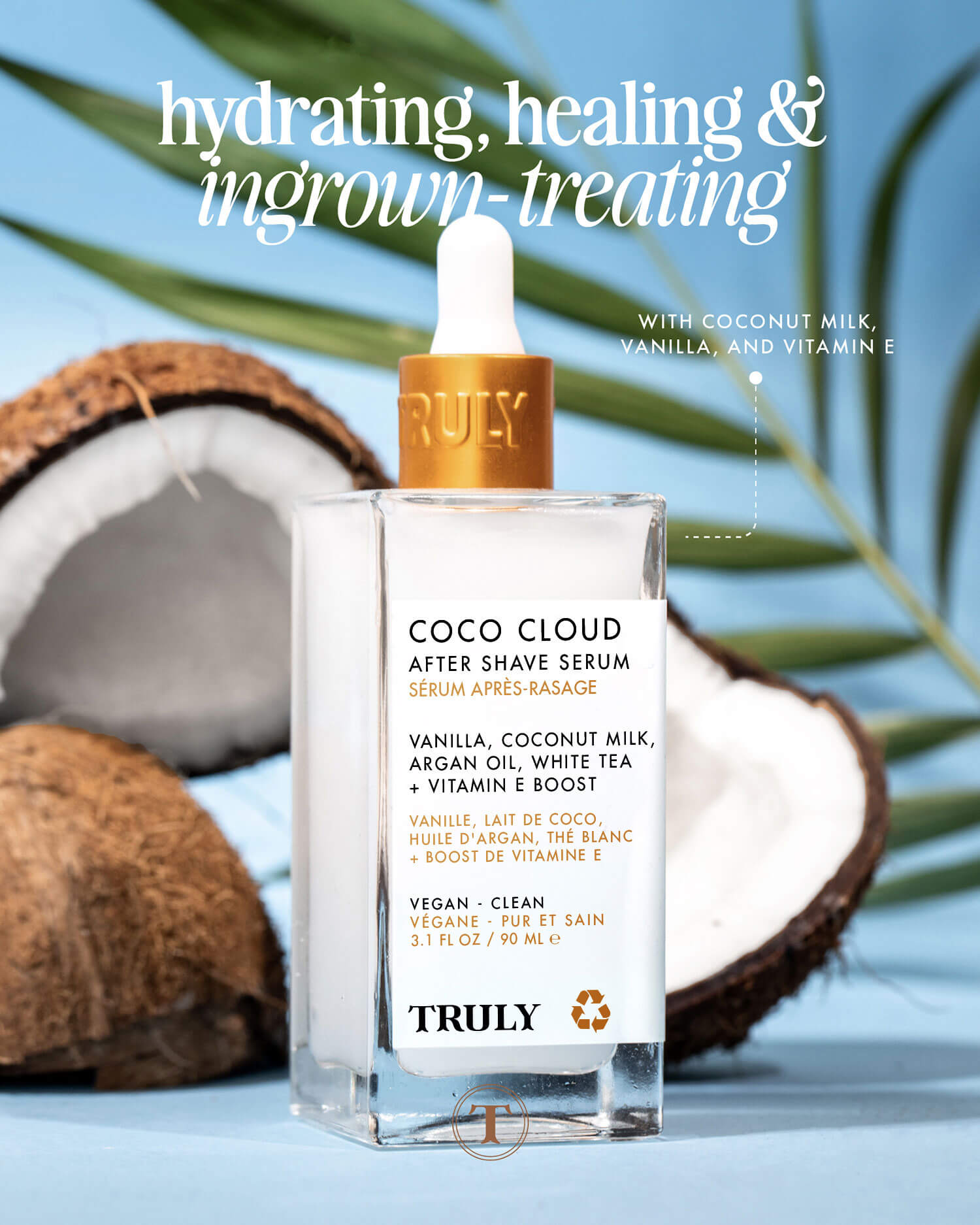 A bottle of Truly Beauty’s Coco Cloud After Shave Serum sits before open coconuts, with text showcasing its calming coconut and hydrating argan oil benefits, plus key ingredients: coconut milk, vanilla, and vitamin E.