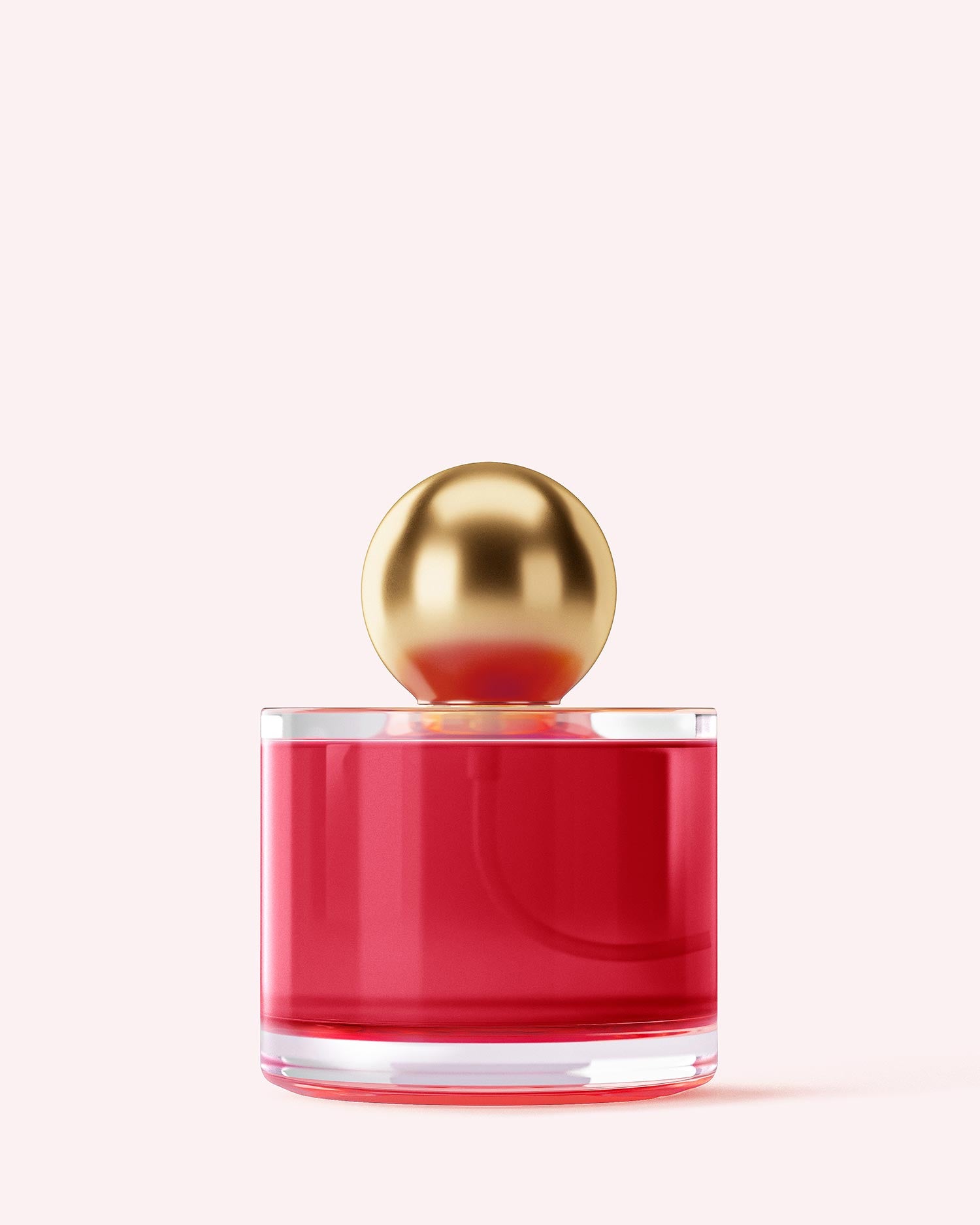 Truly Beauty’s Cherry Baby Eau De Parfum, in a glass bottle with bright pink liquid and a gold cap, features luscious black cherry and jasmine notes—the perfect choice for fragrance lovers. Set against a light pink background.