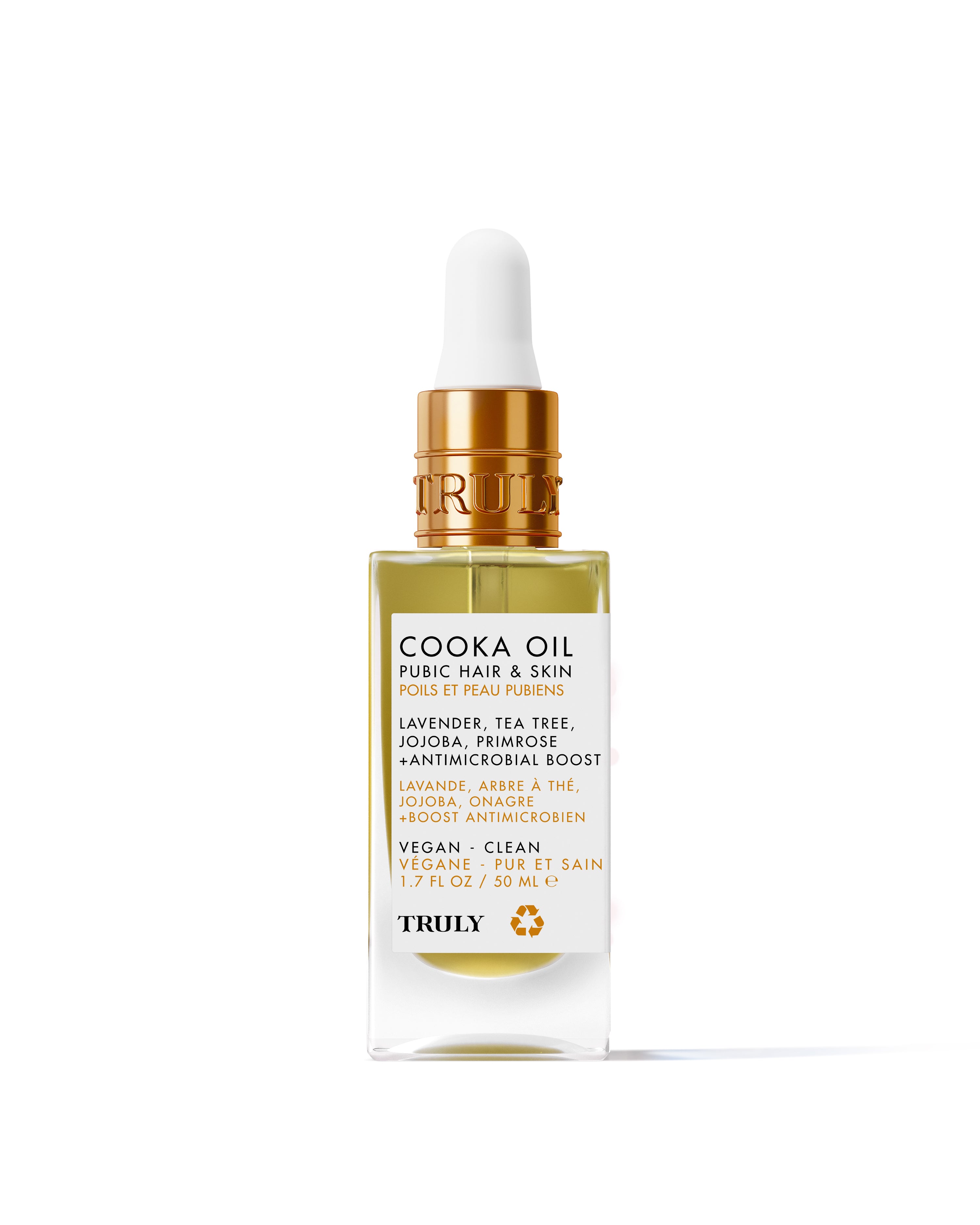 Cooka Oil by Truly Beauty is a silky, lightweight, vegan oil for pubic hair and skin, formulated with lavender, tea tree, jojoba, and primrose oils to help prevent ingrown hairs. Clean formula in a glass dropper bottle.