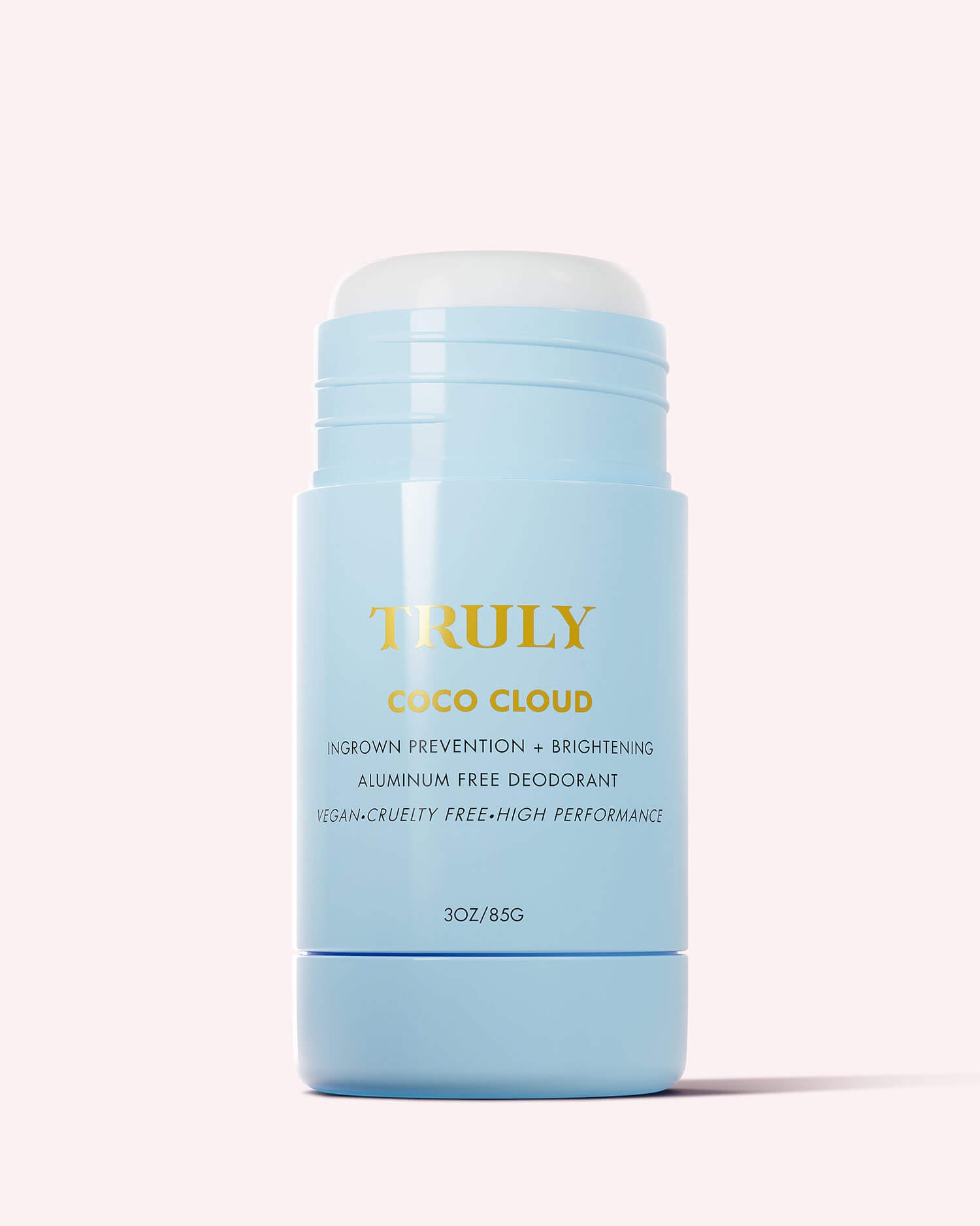 A light blue stick of Coco Cloud Ingrown Prevention and Brightening Deodorant by Truly Beauty, aluminum-free, vegan, cruelty-free, and high-performance against odor (3 oz/85g), is displayed on a light background.