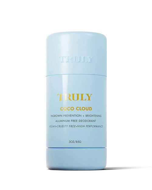 Truly Beauty Coco Cloud Ingrown Prevention and Brightening Deodorant is a light blue, cylindrical, aluminum-free 3 oz stick that’s vegan, cruelty-free, brightens skin, prevents ingrowns, and powerfully fights body odor.
