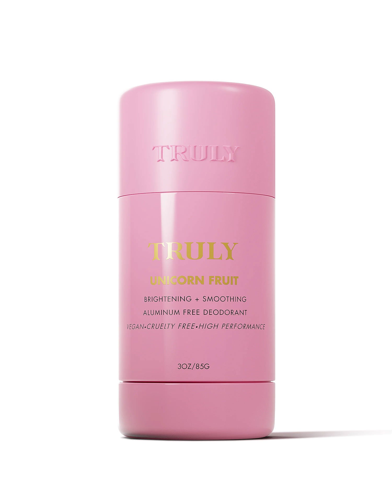 Truly Beauty’s Unicorn Fruit Skin Brightening and Smoothing Deodorant is a vegan, cruelty-free, aluminum-free pink cylindrical stick for underarm care, offering brightening and smoothing in a 3 oz (85g) container.
