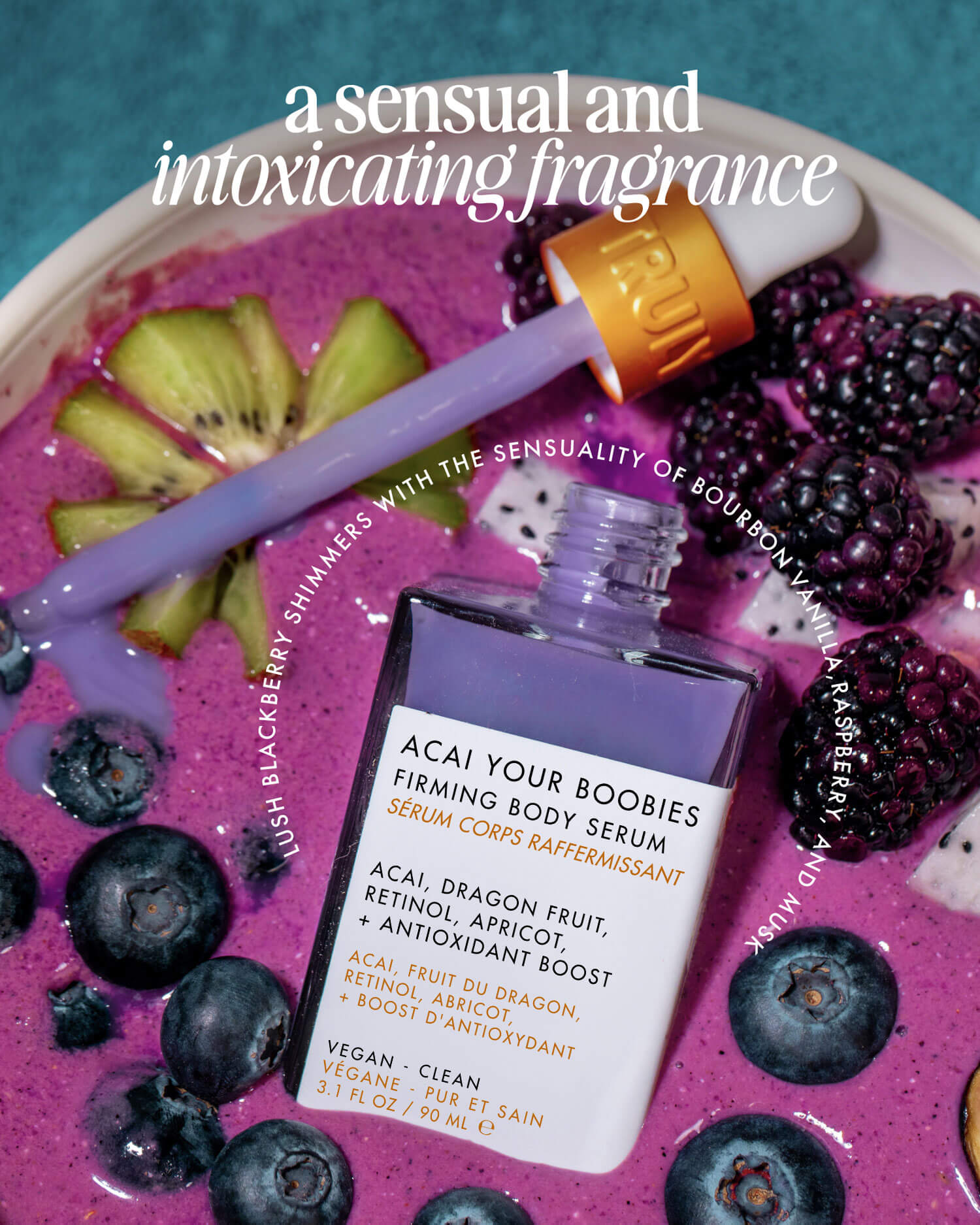 A bottle of Truly Beautys Acai Your Boobies Firming Body Serum—with retinol and acai extract—rests on a purple smoothie bowl topped with berries, beside a dropper of serum and bold, sensual text.