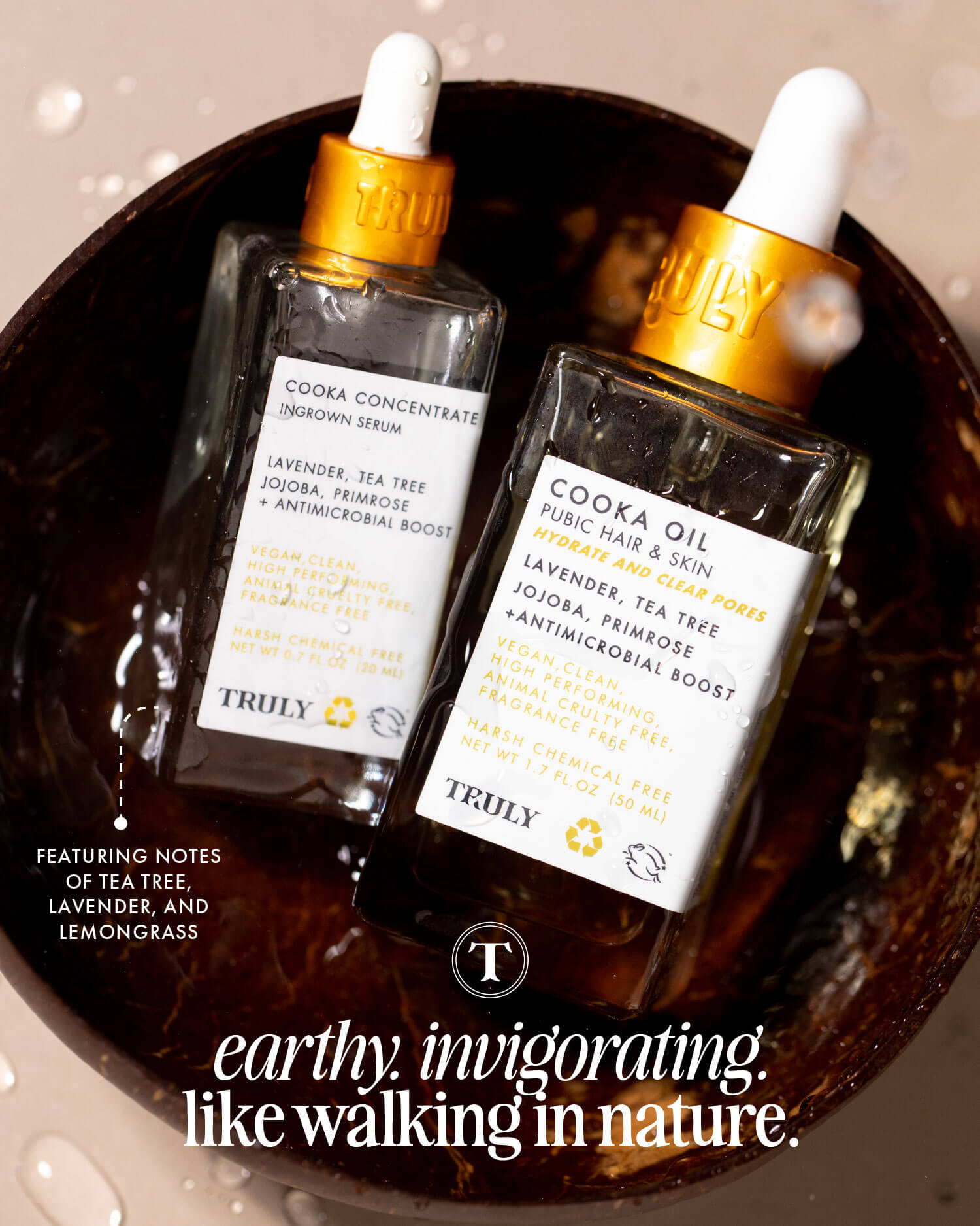 Two glass dropper bottles labeled Cooka Routine by Truly Beauty rest in a brown bowl; text highlights their natural ingredients and describes them as earthy, invigorating, and ideal for soothing pubic hair or targeting ingrowns.