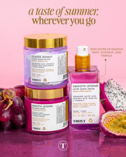 Three Truly Beauty Smooth Legend Shave Routine products sit on a pink surface with grapes and passionfruit, promising “A taste of summer, wherever you go” while exfoliating skin for an irritation-free glow. Notes: passion fruit, coconut, vanilla.