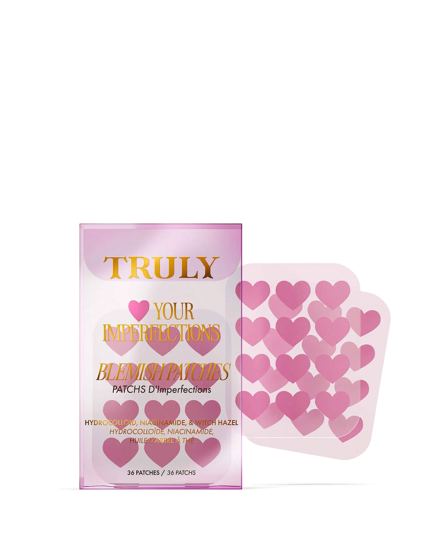 A package of Truly Beauty #Heart Your Imperfections Blemish Patches, featuring pink heart-shaped patches next to the pink and gold detailed box—a cute addition to your skincare routine.