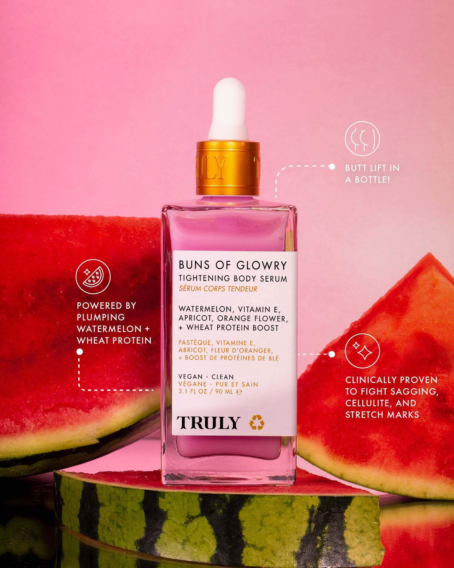 A bottle of Buns Of Glowry Tightening Body Serum with a dropper sits before sliced watermelon. Infographics highlight key features: natural extracts, watermelon, wheat protein, anti-sagging effects, and ultra-hydrating formula.