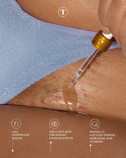 A close-up of a person applying Cooka Routine by Truly Beauty with a dropper to irritated skin near the bikini line, wearing light blue underwear. Three icons highlight its lightweight feel, cooling effect, and help for redness and ingrowns.