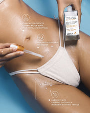 Wearing white underwear, a person applies Truly Beautys Coco Cloud After Shave Serum with a dropper to their bikini line on a blue background. Informational text spotlights soothing effects and nourishing ingredients like argan oil and coconut.