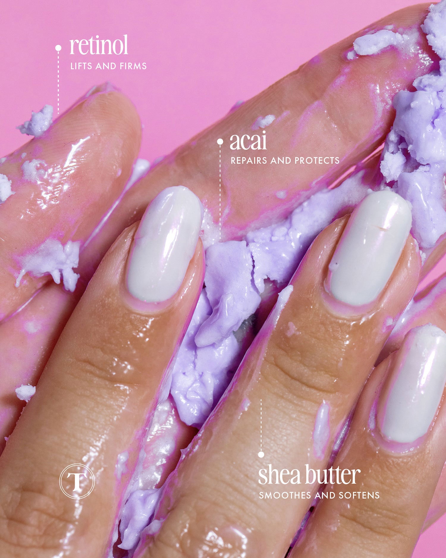 Close-up of hands with glossy white nails applying Truly Beauty’s Acai Your Boobies Butter on a pink background. Labels spotlight retinol (lifts, firms), acai (repairs, protects), and shea butter (smoothes stretch marks).