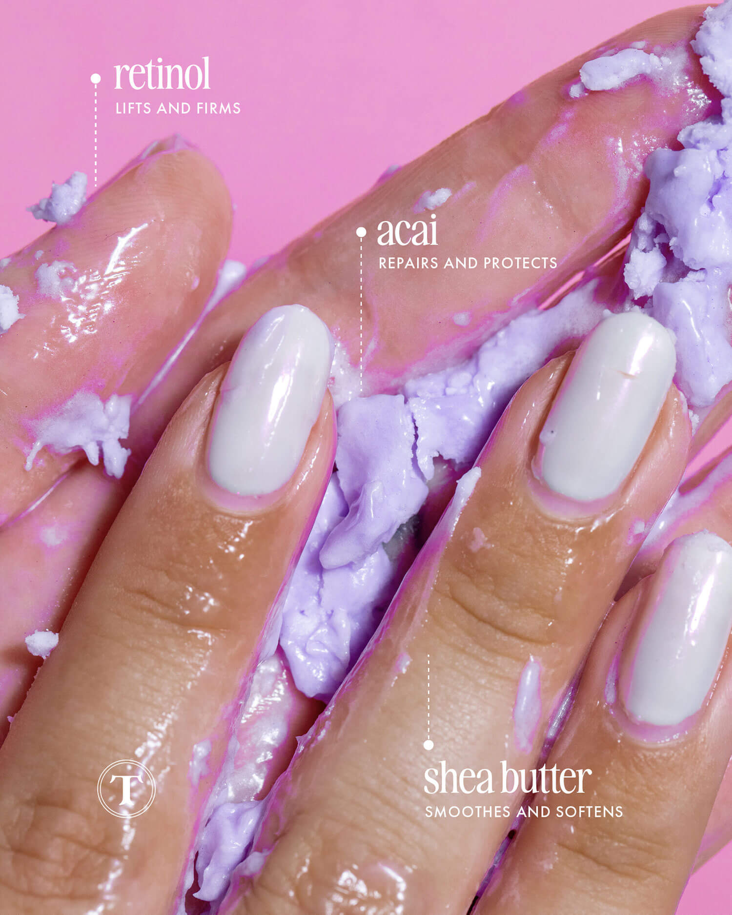Close-up of hands with glossy white nails pressing Truly Beauty’s Acai Your Boobies Butter, a creamy purple formula with retinol (lifts & firms), acai (repairs & protects), and shea butter for smooth skin.