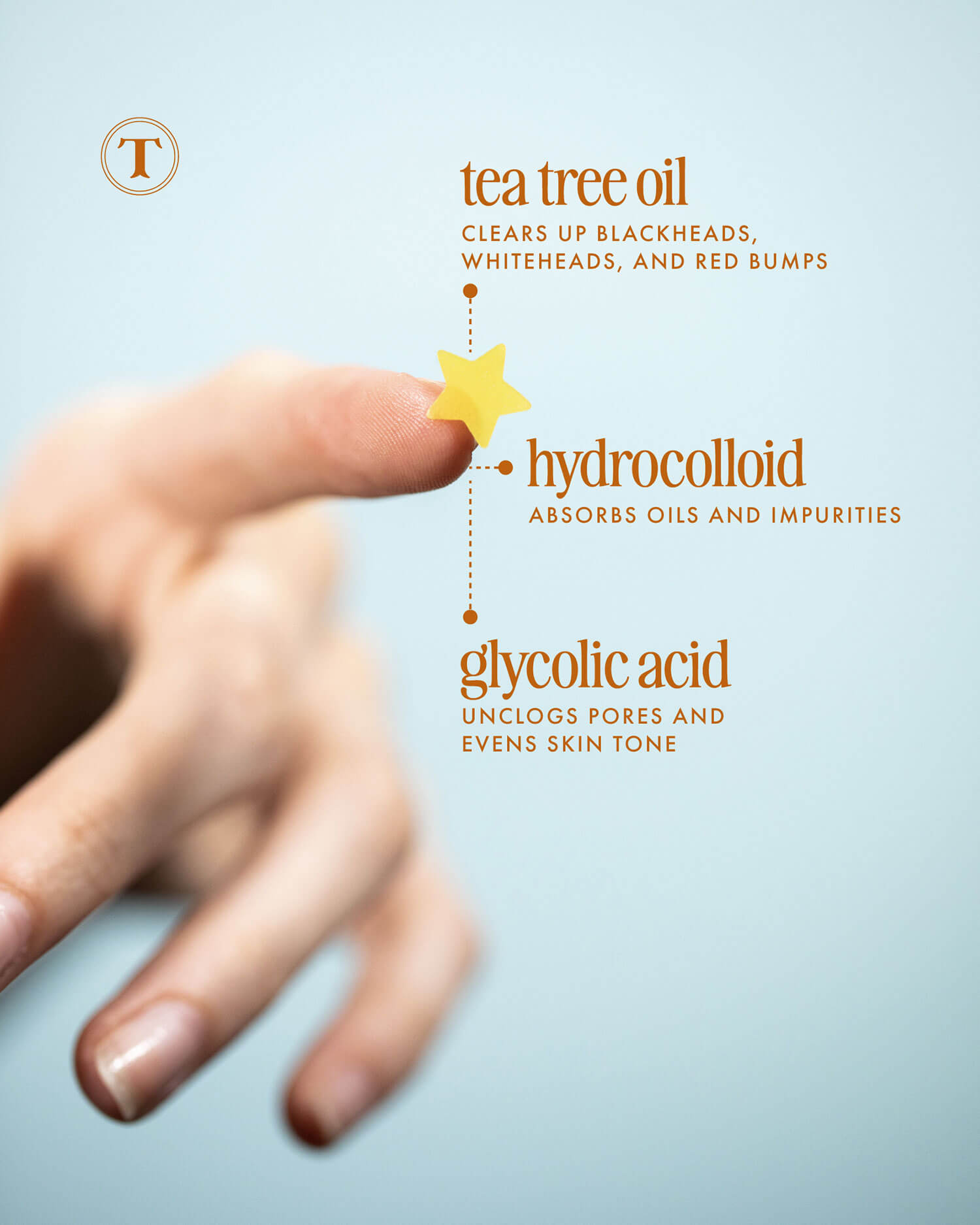 A hand holds Truly Beautys Our Stars Prevent Scars Blemish Patch. Labels show tea tree oil (clears blackheads), hydrocolloid (absorbs oils), and glycolic acid (unclogs pores, evens skin tone).