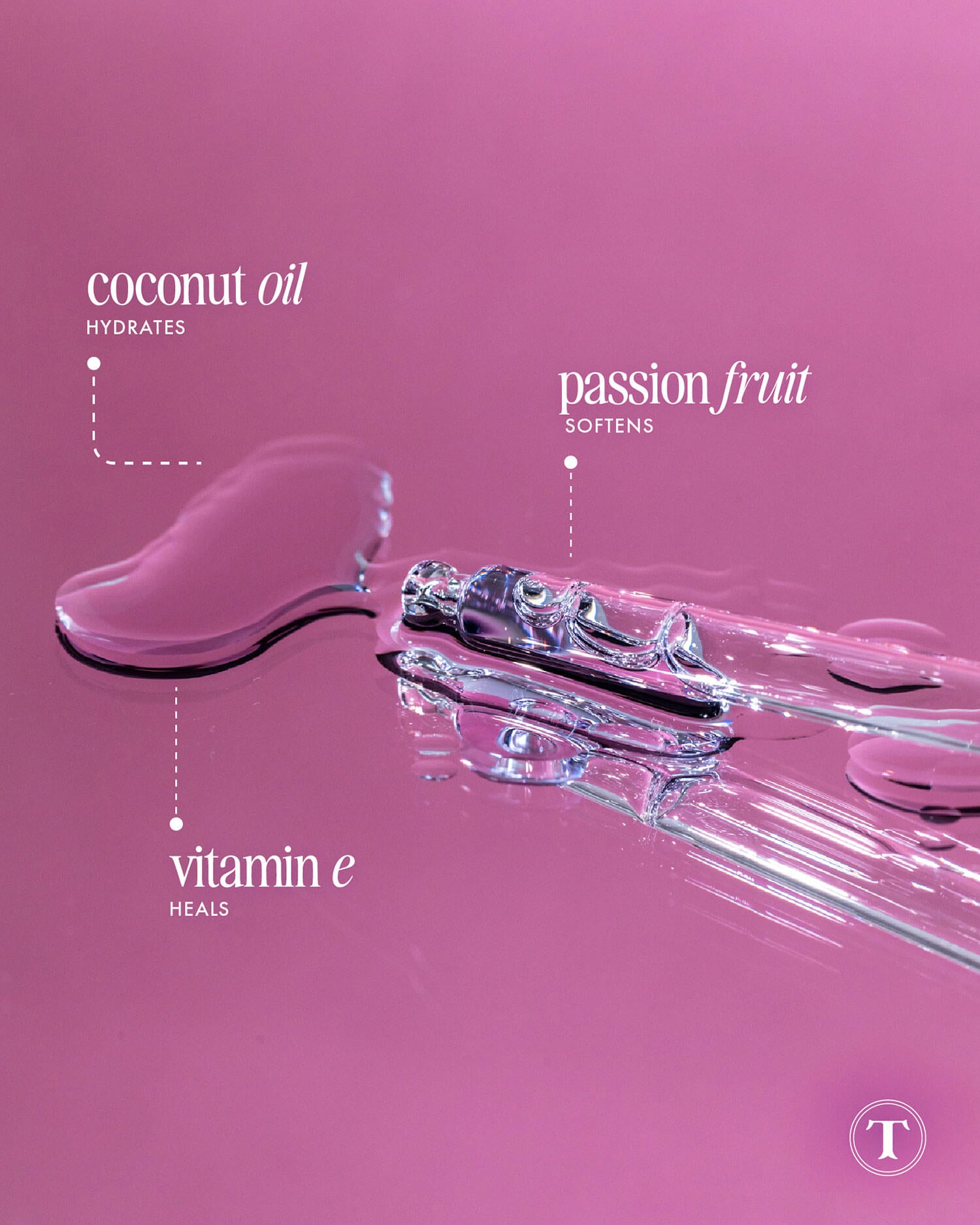 A glass dropper with clear Glazed Donut After Shave Oil on a pink surface, labeled to highlight coconut oil (hydrates), passion fruit (softens), and vitamin E (heals) for smooth, soft skin—ideal as a hydrating shave serum.