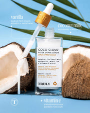 Truly Beautys Coco Cloud After Shave Serum is shown with halved coconuts. Text highlights calming coconut, hydrating argan oil, vanilla, and vitamin E for soothing and nourishing skin benefits.