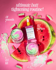 Flat lay of Buns Of Glowry Tightening Body Serum with watermelon slices and candy on a pink background. Text: Ultimate butt tightening routine! Steps: 01 smooth, 02 tighten, 03 lift.
