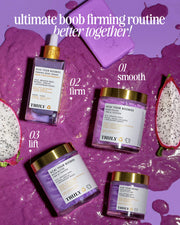 Flat lay of Truly Beauty’s Acai Your Boobies Firming Body Serum with two halved dragon fruits on a purple background, featuring text: “ultimate boob firming routine better together!” and steps labeled smooth, firm, and lift.