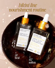 Two dropper bottles labeled Cooka Concentrate and Cooka Oil by Truly Beauty rest in a coconut shell with water droplets. Text above says bikini line nourishment routine for healing, softening, and preventing ingrown hairs with jojoba.