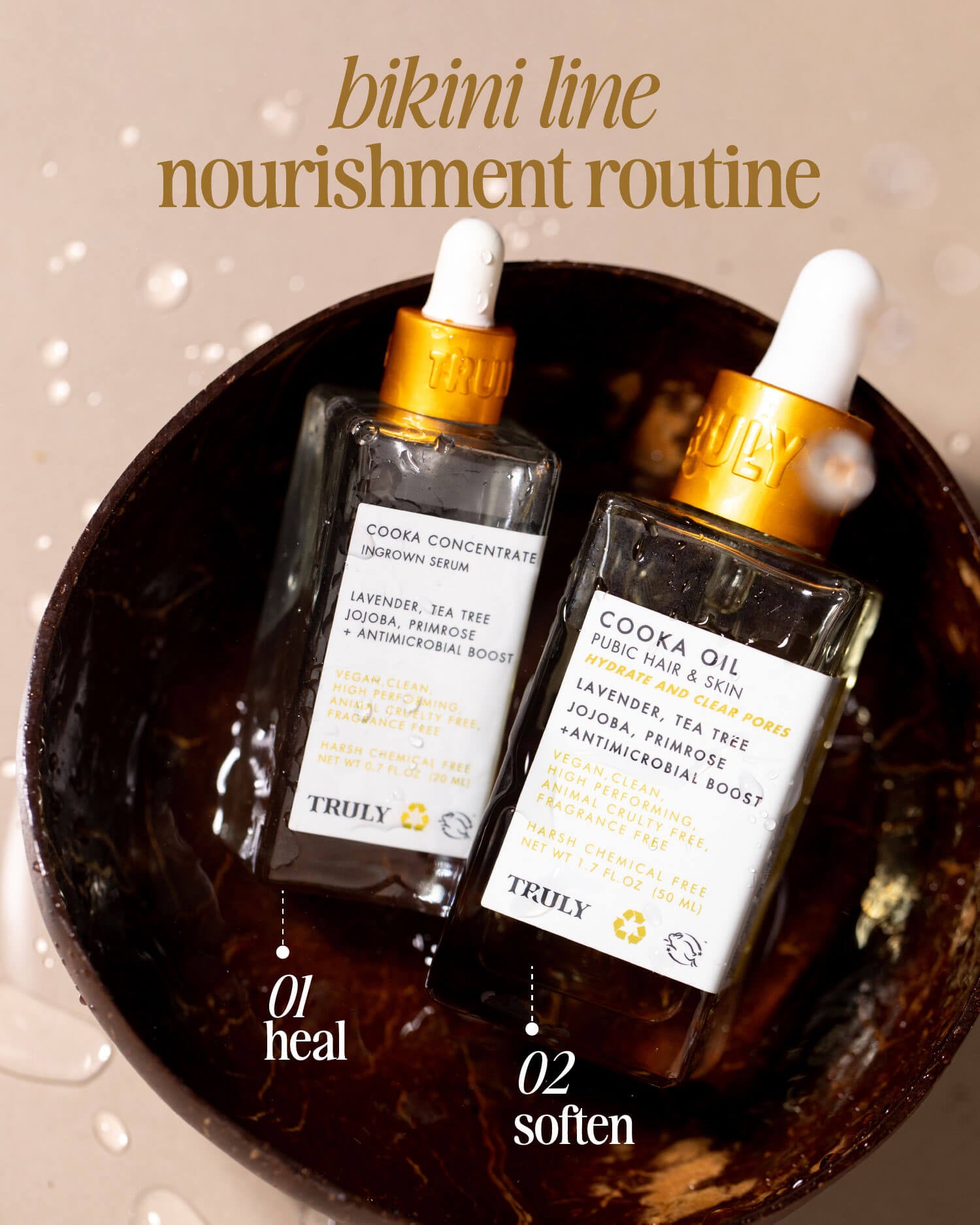 A glass dropper bottle labeled “Cooka Oil” by Truly Beauty sits in a brown coconut shell with water droplets. Text above reads: “bikini line nourishment routine”—perfect for soothing pubic hair and preventing ingrowns.