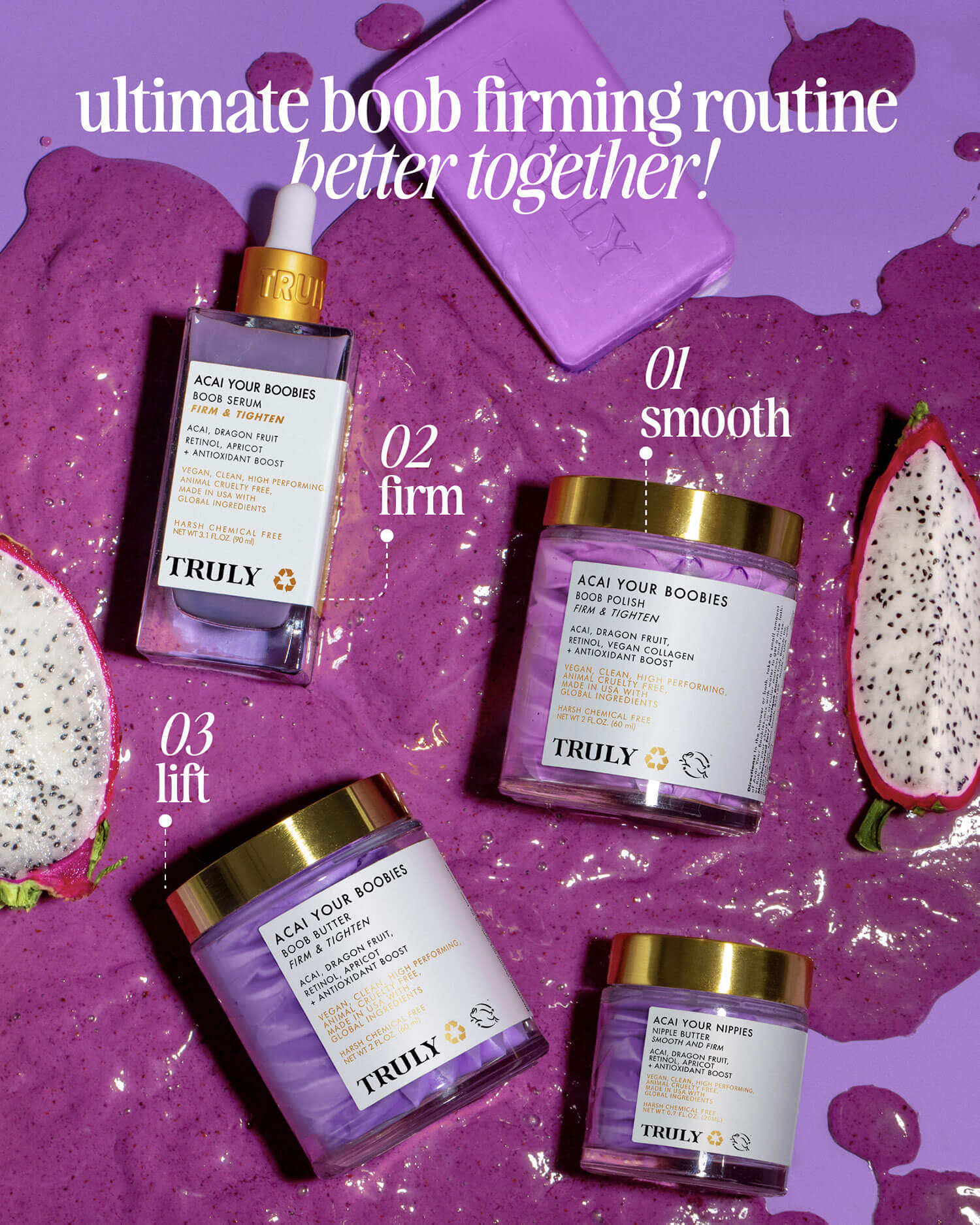 A flat lay of Truly Beauty’s Acai Your Boobies Butter is labeled as steps for a boob-firming routine, surrounded by acai smoothie, dragon fruit, and a soap bar. Text: Ultimate boob firming routine—better together! Smooth skin awaits.