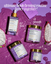 A flat lay of Truly Beauty’s Acai Your Boobies Butter is labeled as steps for a boob-firming routine, surrounded by acai smoothie, dragon fruit, and a soap bar. Text: Ultimate boob firming routine—better together! Smooth skin awaits.