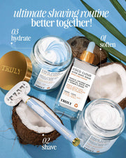 Flat lay of Truly Beauty’s Coco Cloud Luxury Shave Butter and a razor on halved coconuts, blue background. Text: The ultimate shaving routine—01 soften, 02 shave, 03 hydrate. Say goodbye to ingrown hairs—better together!.