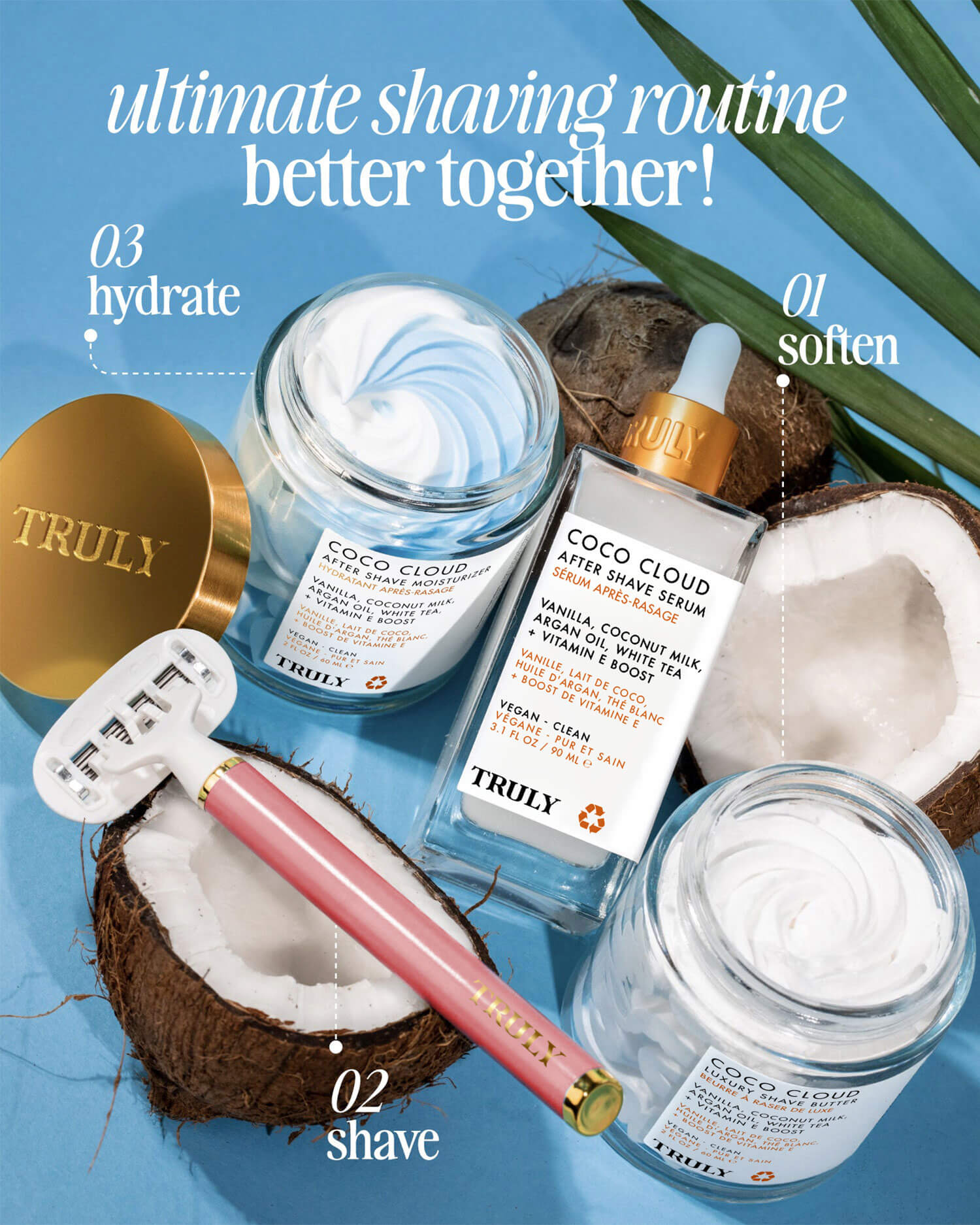 Three Truly Beauty products from the Ultimate Coco Cloud Shave Set, including jars and a dropper bottle, are arranged on a blue surface with coconut halves. Text highlights the routine: soften, shave, hydrate.