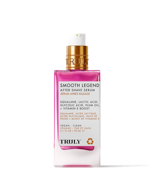 A pink and gold 3.1 fl oz bottle of Truly Beauty’s Smooth Legend After Shave Serum, a vegan formula with exfoliating AHAs, squalane, lactic acid, glycolic acid, plum oil, and vitamin E to hydrate skin.