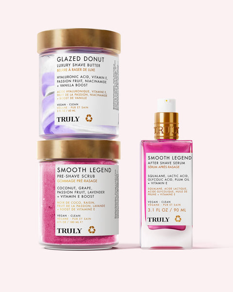 Truly Beautys Smooth Legend Shave Routine features two pink jars—Glazed Donut on top, Smooth Legend below—and a rectangular Smooth Legend bottle for an irritation-free routine and super-smooth skin.