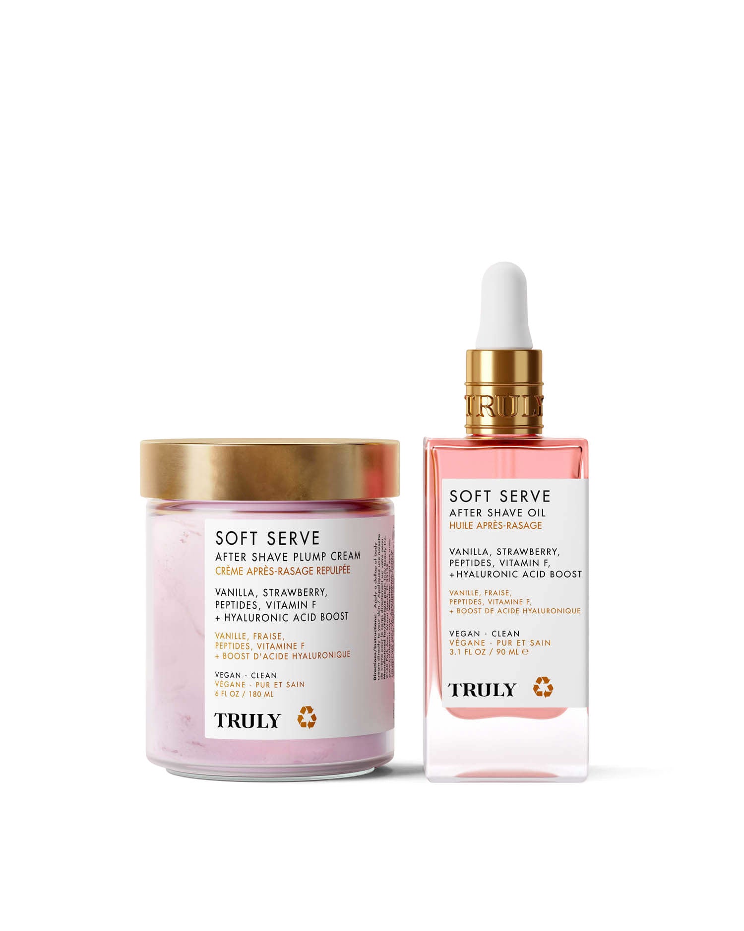 The Soft Serve After Shave Duo by Truly Beauty includes a hydrating cream and an ingrown-fighting oil, both featuring vanilla, strawberry, peptides, and hyaluronic acid.
