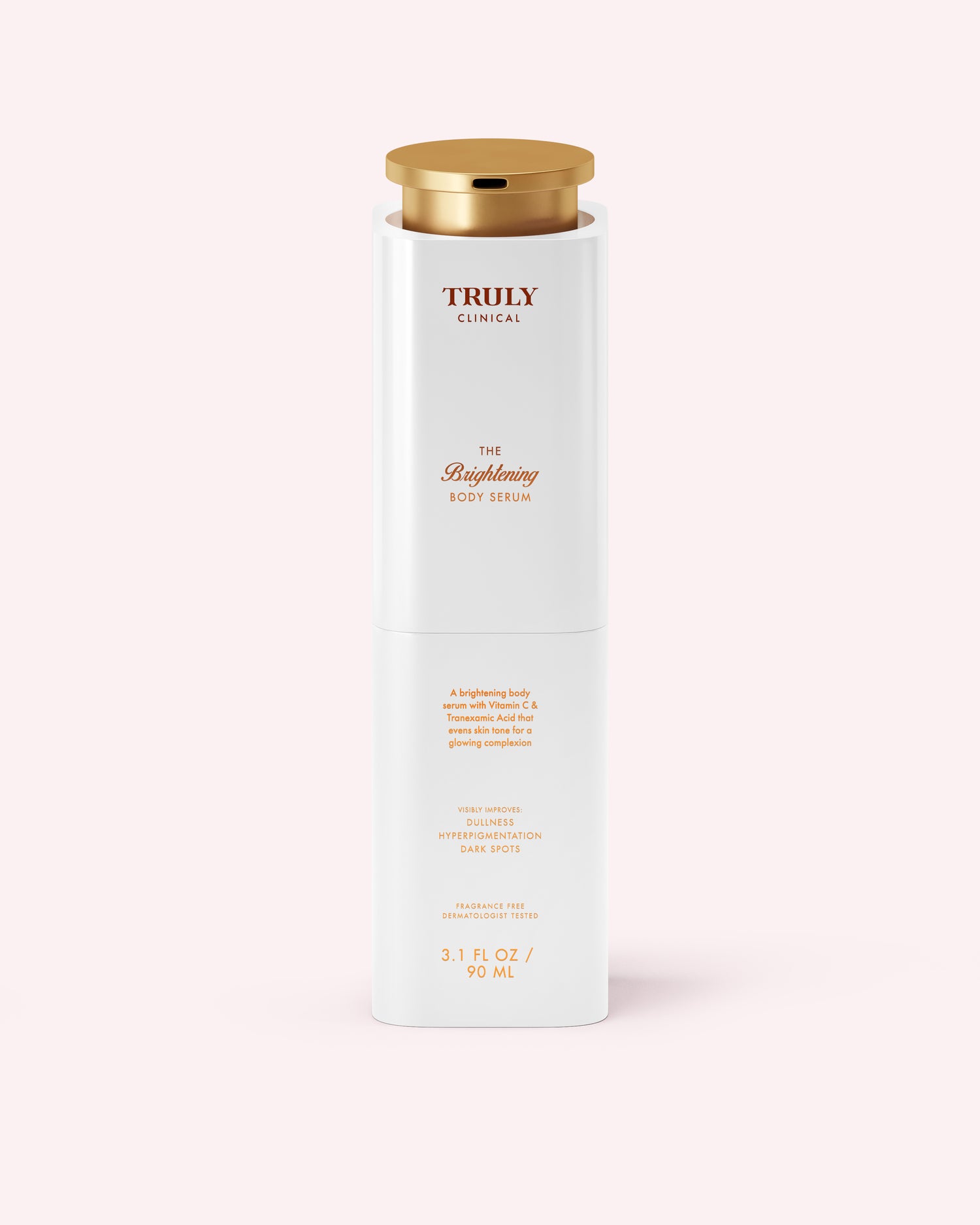 A white bottle of Truly Beauty’s The Brightening Body Serum, featuring a gold cap and minimalist design, stands upright against a pale pink background—specially formulated to target dark spots and hyperpigmentation.