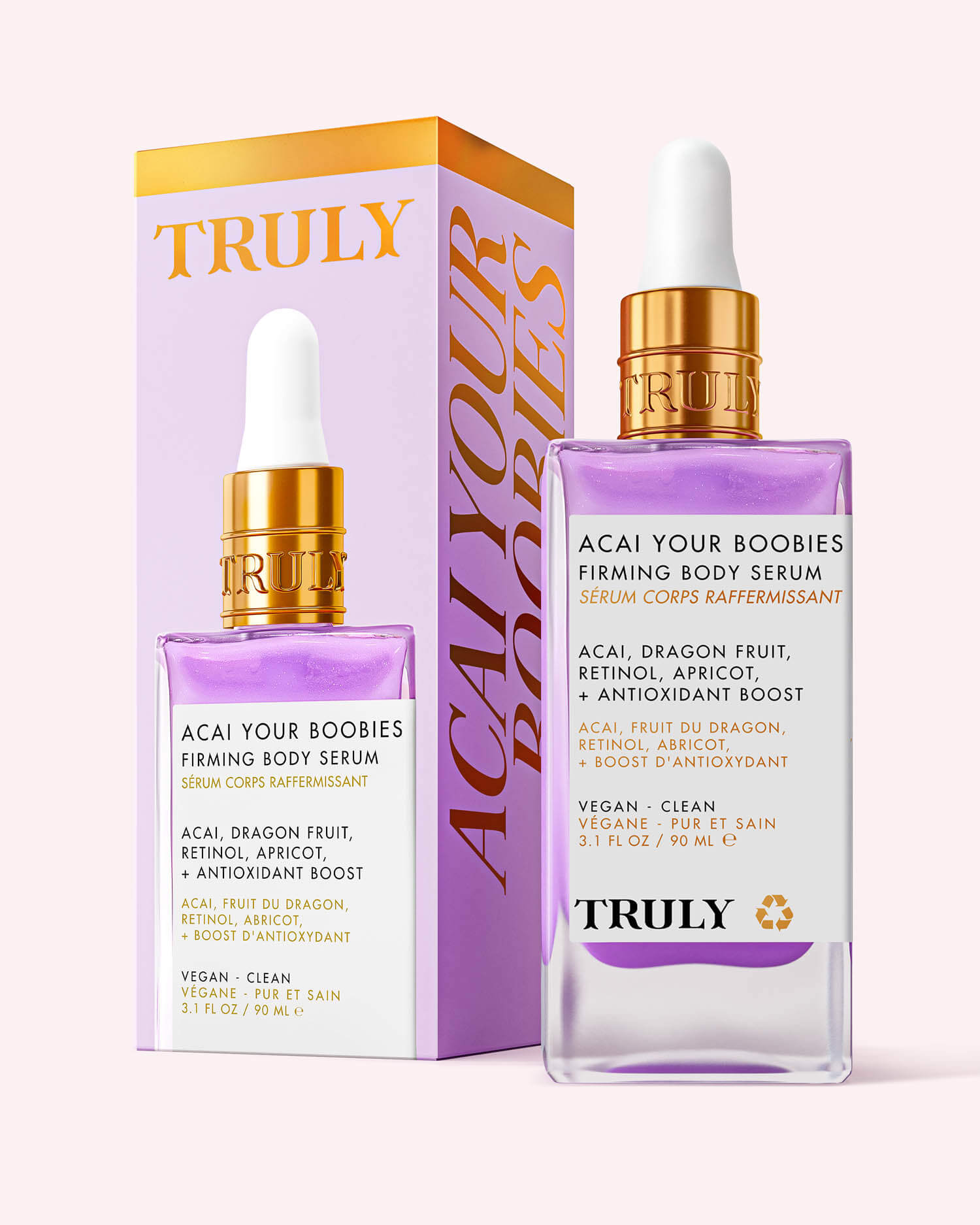 A bottle and box of Truly Beauty Acai Your Boobies Firming Body Serum, featuring a purple bottle with a white dropper and gold cap. This moisturizing serum is enriched with retinol and acai extract for firmer-looking skin.