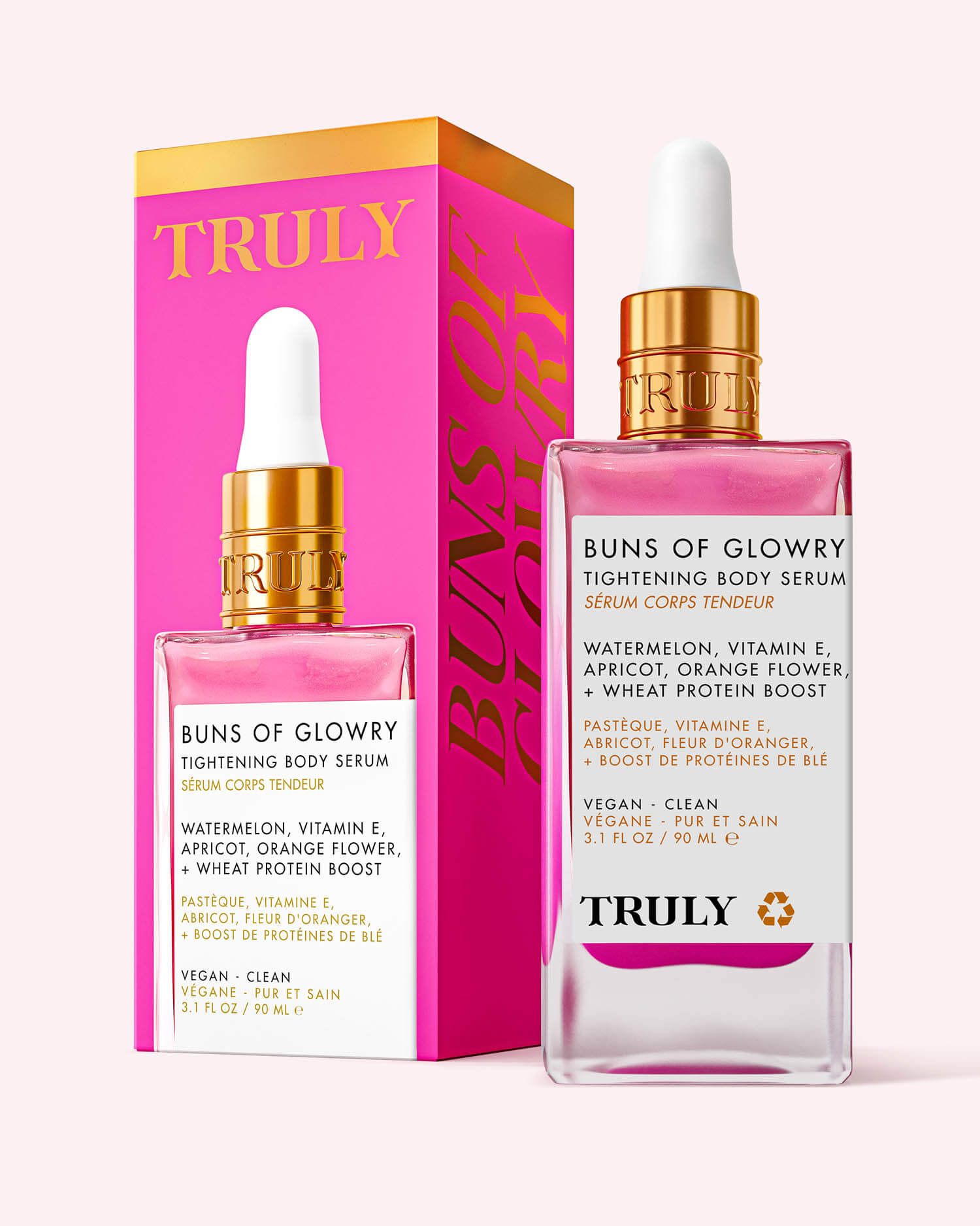 A bottle and box of Buns Of Glowry Tightening Body Serum with a pink-orange gradient, gold dropper cap, and packaging detailing natural extracts like watermelon, vitamin E, apricot, and wheat protein.