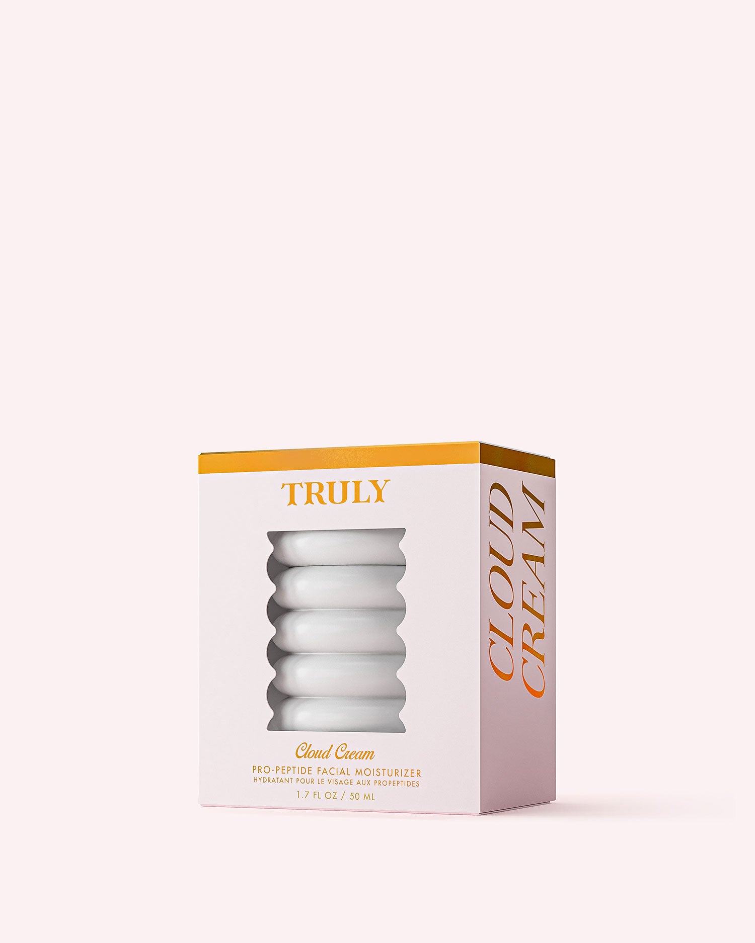 A box of Truly Beauty’s Cloud Cream Pro-Peptide Facial Moisturizer with white and gold packaging and a clear window displays the hydrating gel cream in a spiral-shaped white jar inside.
