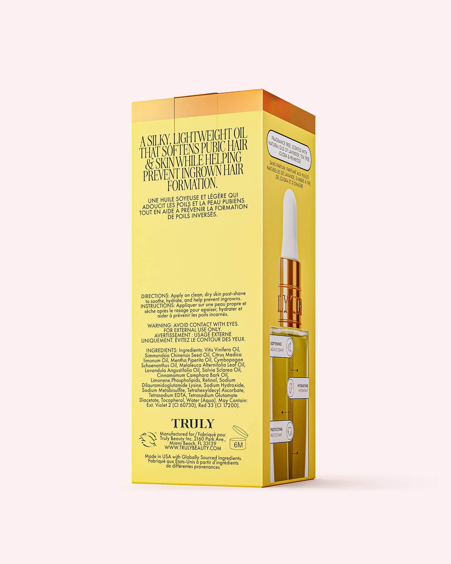 A yellow and white box of Cooka Oil by Truly Beauty is shown, featuring product info, directions, ingredients, an image of the dropper bottle, and benefits for soothing pubic hair and treating ingrown hairs.