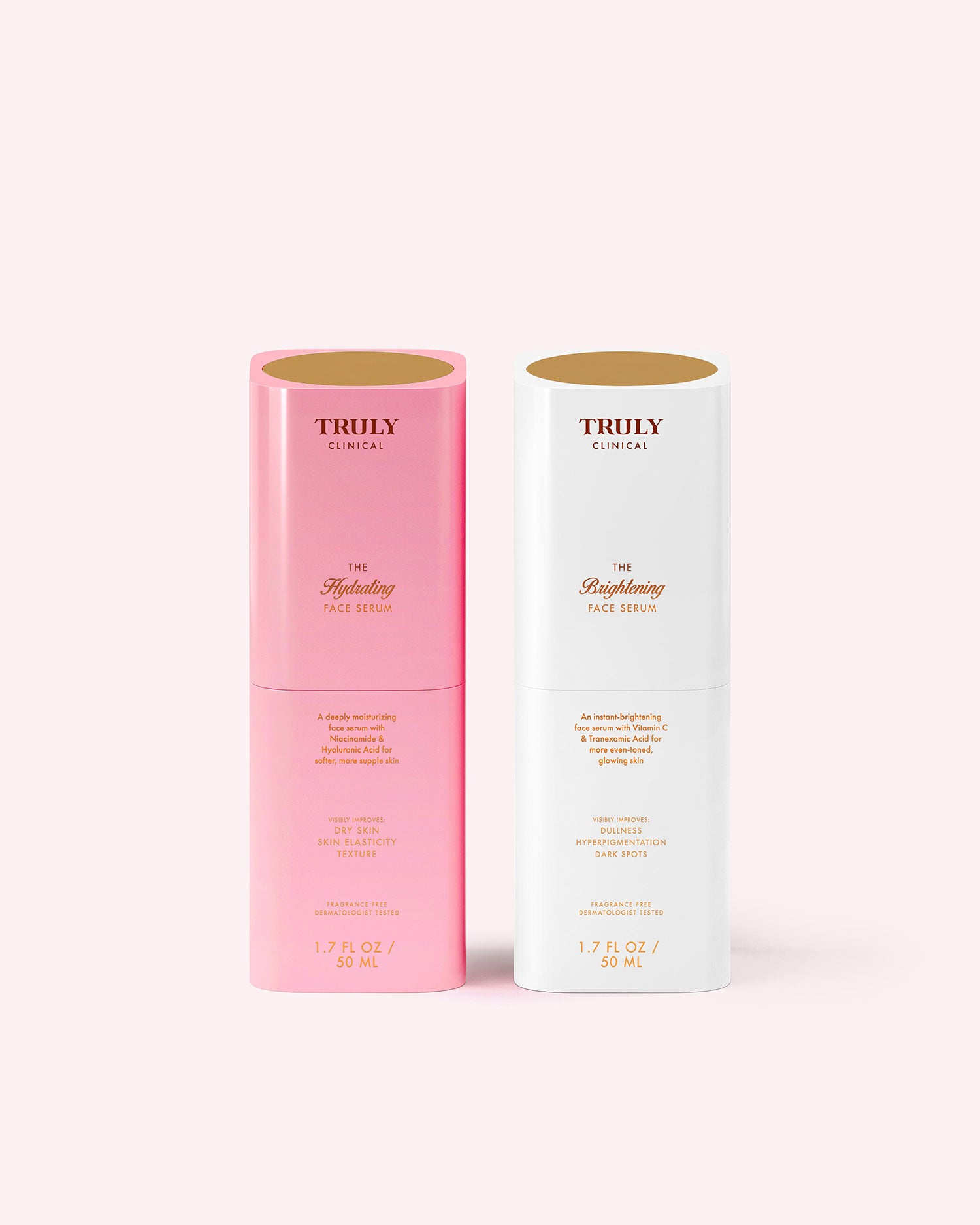 A pink cylindrical bottle of Truly Beauty The Hydrating Face Serum with gold text stands upright on a light pink background. The partially open bottle reveals the inside of the cap.