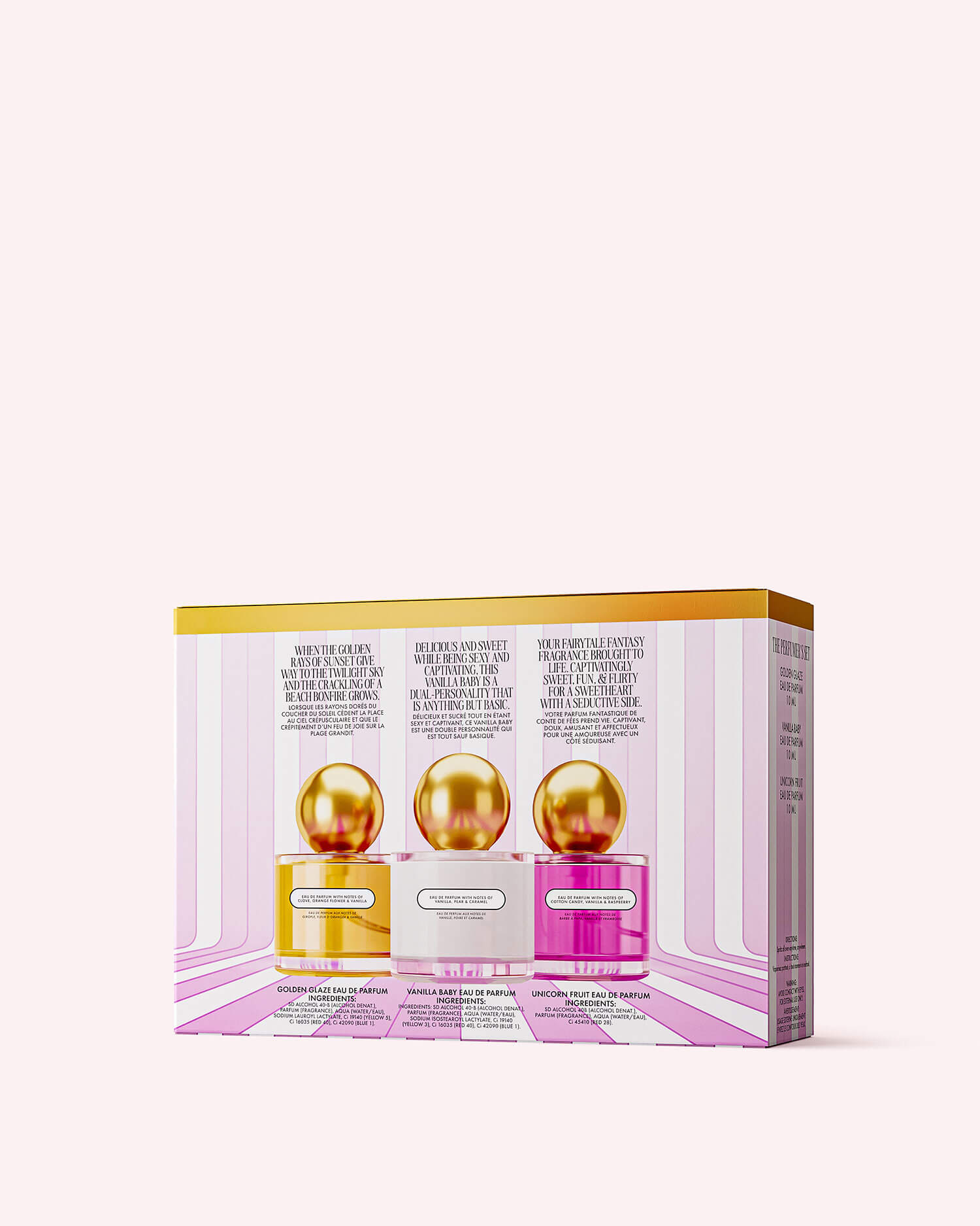 A rectangular pink and white box from Truly Beauty displays The Perfumers Set—three spherical-lidded jars (gold, silver, pink) on the front, each with its fragrance described above against a lined background.