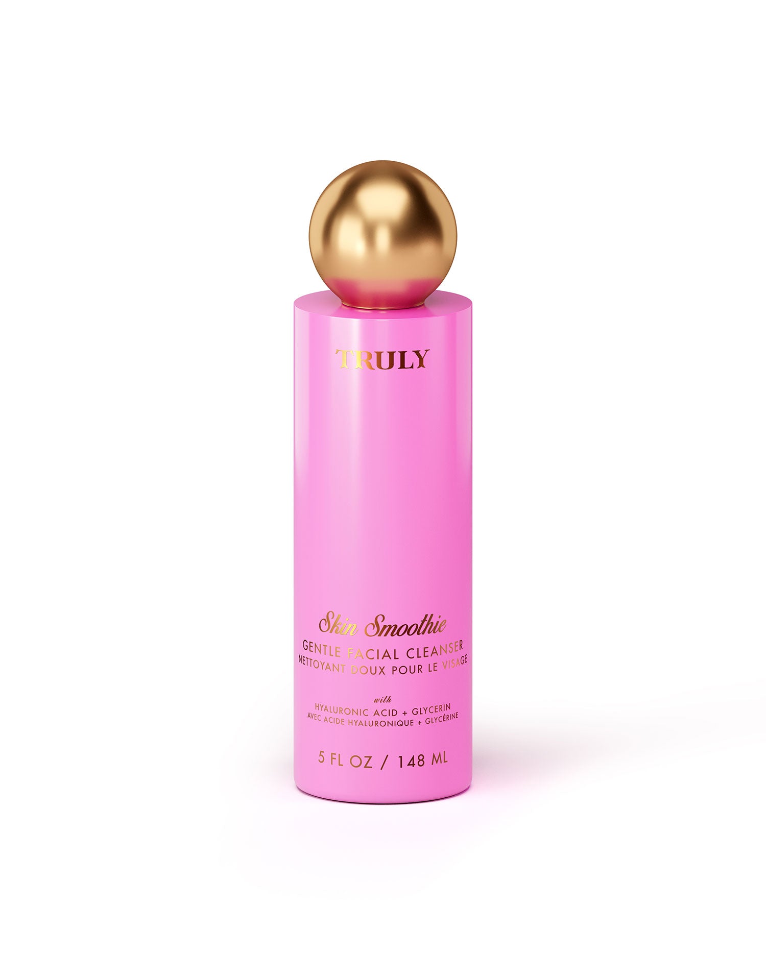 Pink bottle with gold cap on a white background