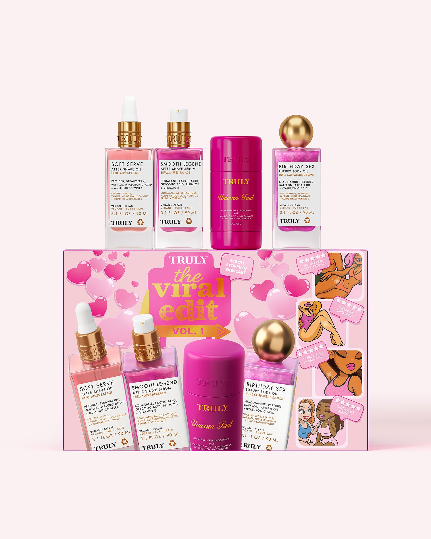 Truly Beauty’s The Viral Edit is a pink skincare gift set with four serums, a pink jar, and a gold ball. The packaging features illustrated women, hearts, stars, and spotlights brightening niacinamide.