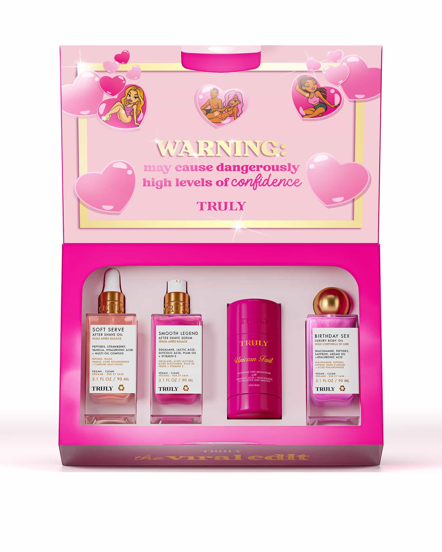 Pink beauty product set with 'Truly' branding and humorous warning label on a white background
