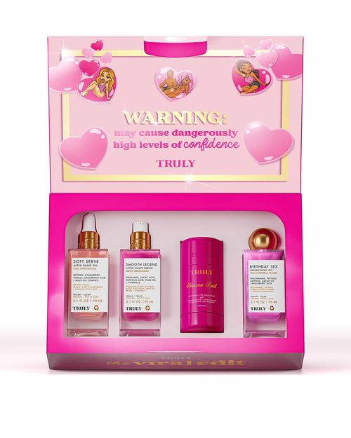 Pink beauty product set with 'Truly' branding and humorous warning label on a white background