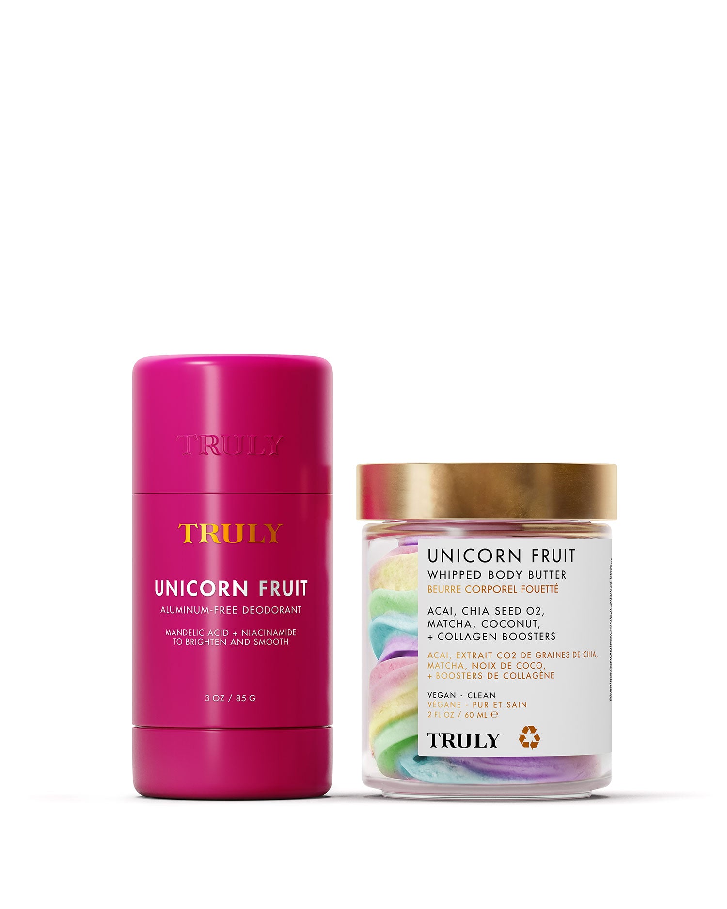 Truly Unicorn Fruit deodorant stick and whipped body butter on a white background