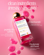 A bottle of Truly Beauty’s Birthday Sex Luxury Body Oil, surrounded by pink drops, showcases key ingredients—niacinamide, peptides, saffron, and a hyaluronic acid boost—with notes on their skin-loving benefits.